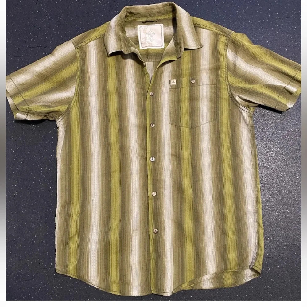 Prana Button Down Shirt Mens M Green Striped Casual Short Sleeve Logo Great Cond